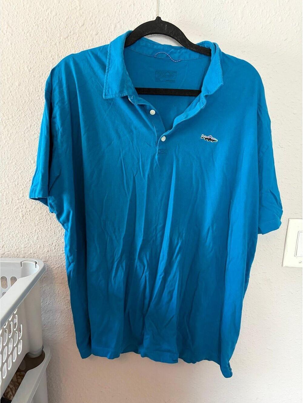 Men's Patagonia blue fish polo size XXL. 100% cotton. Some wear